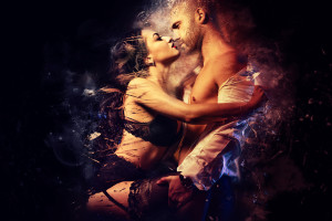 Couple. Sensual brunette in black lingerie and handsome man kissing. Digital art