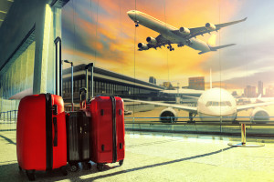 traveling luggage in airport terminal building and jet plane flying over urban scene