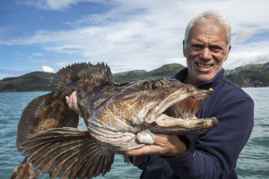 Landscape MS of Jeremy Wade holding a Ling Cod, head of fish closer to the camera, mouth open. Out at sea against a scenic background. Location: Prince William Sound, AK