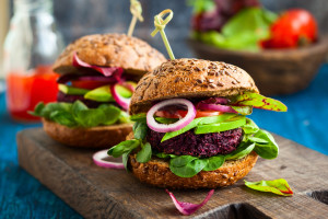 Veggie beet and quinoa burger with avocado