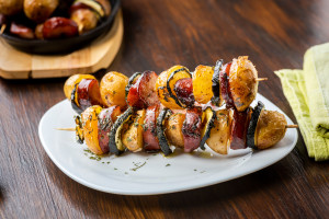 baked potato skewers with sausage and zucchini - straight from the oven