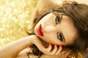 Magic Girl Portrait In Gold. Golden Makeup